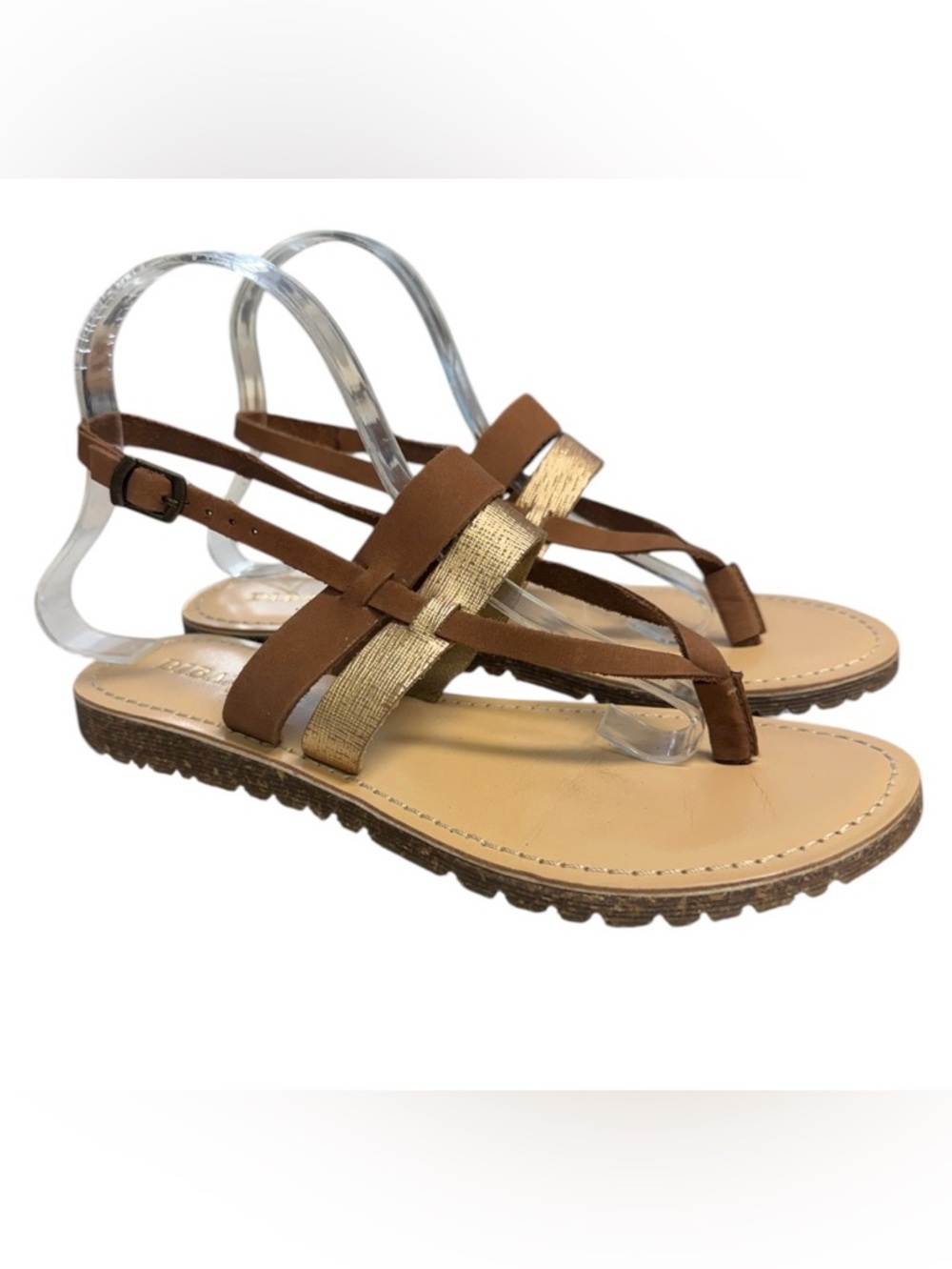 Diba True Simon Says Sandal Brown Leather & Gold Metallic Size 8 Women’s